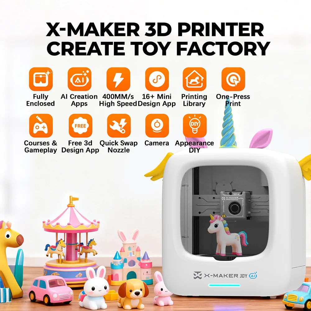 AOSEED X-MAKER JOY AI+ V4.0 Mini 3D Printer for Kids Beginners Students STEM Educational Toy Fully Enclosed Safe Design 260℃ High Temp Nozzle 300mm/s Fast Print Speed Wi-Fi App Remote Control Compatible PLA Filament Portable Desktop DIY Printing Machine
