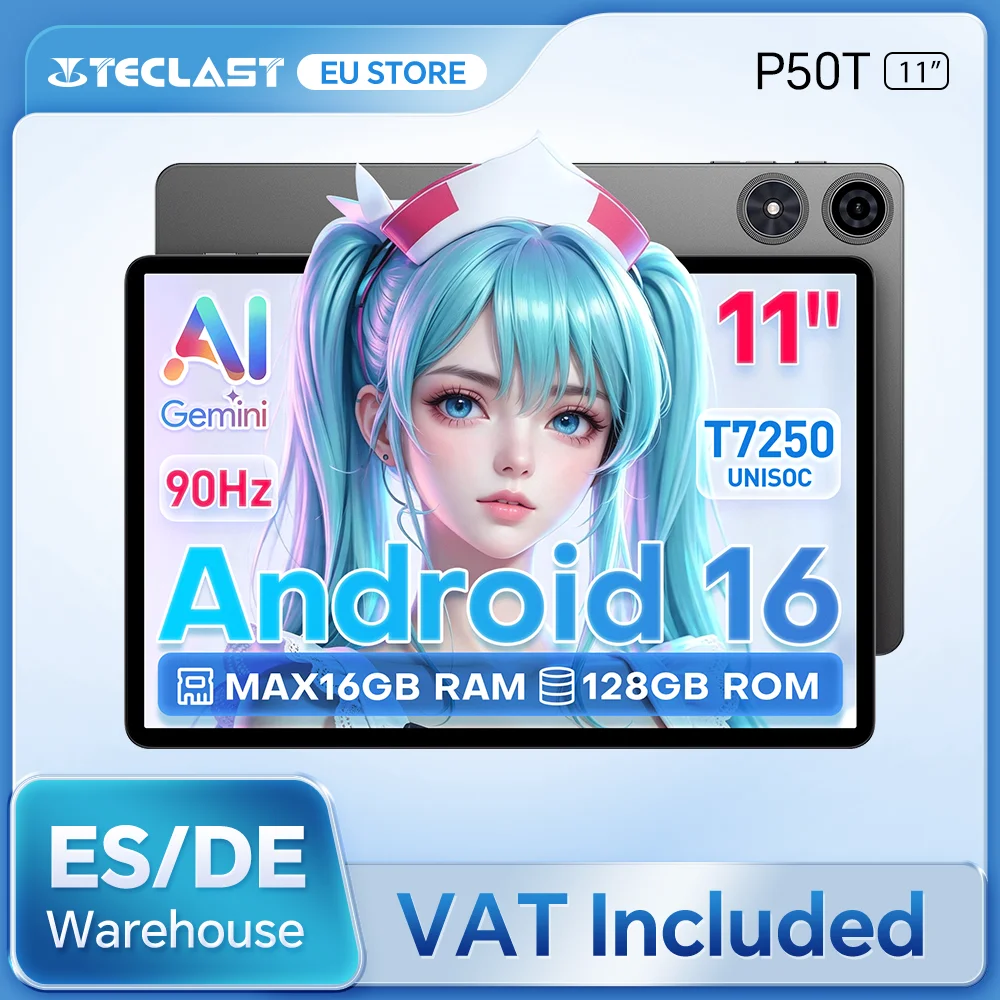Teclast P50T 2026 10.92" IPS Tablet, 90Hz Refresh Rate, Gemini AI, Android 16, 16GB RAM (3+13GB Virtual), 128GB UFS ROM, T7250 Octa-Core CPU, 8000mAh Battery, Type-C, microSD up to 1TB & Wi-Fi 6