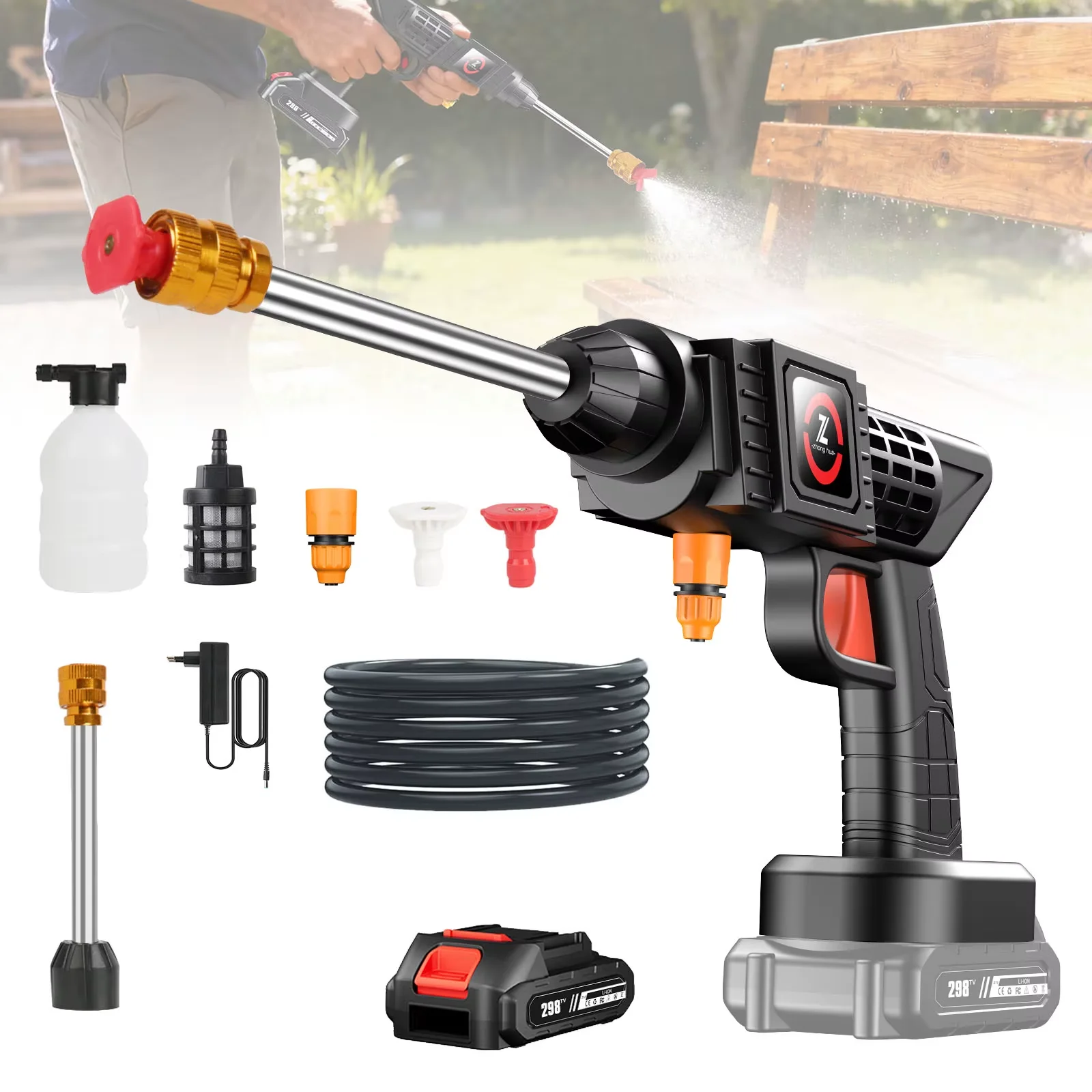 Cordless High Pressure Washer, Portable Battery-Powered High Pressure Water Gun with 2 Batteries, Multiple Nozzles for Car Washing and Patio Cleaning