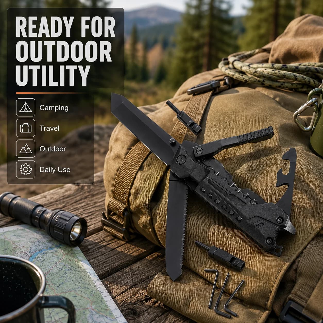 Folding Multi Tool with Utility Blade Saw Screwdriver Bit Hex Key Set Portable Outdoor Camping Repair Hand Tool