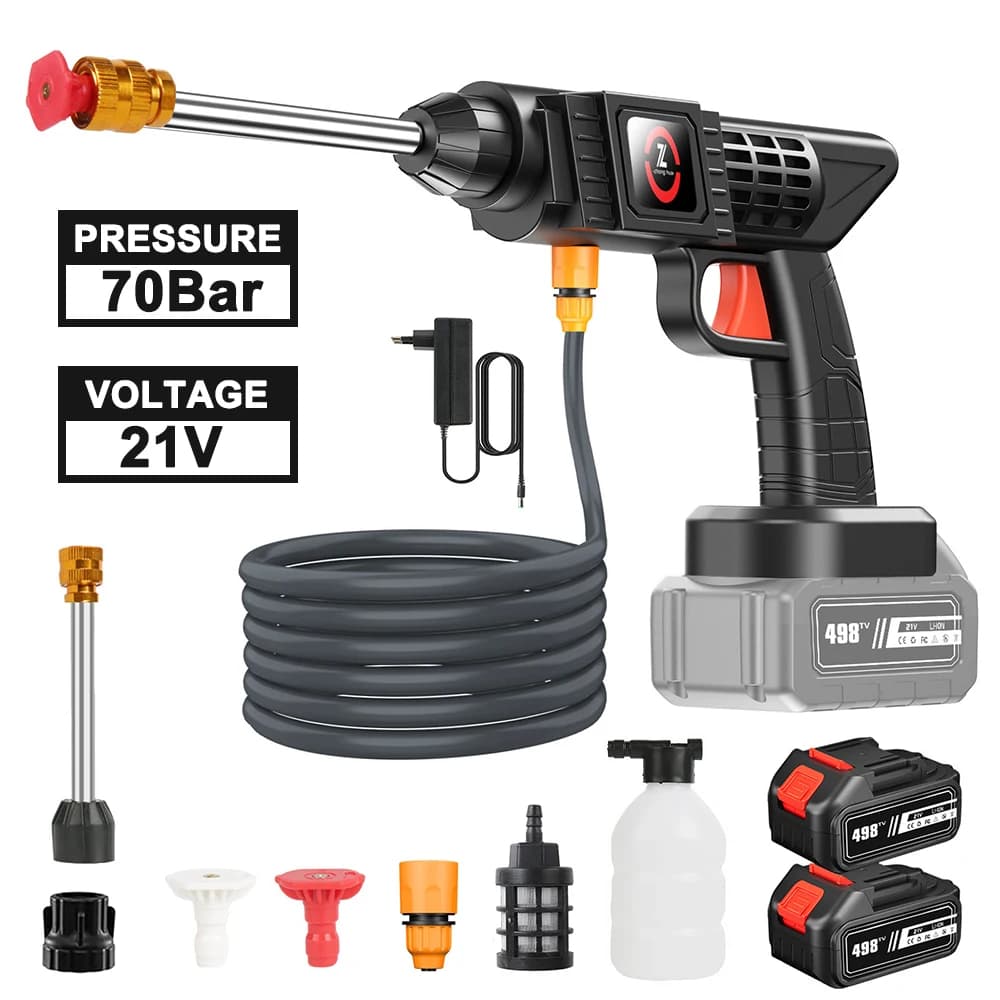 70BAR High-Pressure Washer 21V Cordless Electric Car Washing Gun Multifunctional Cleaning Machine Spray Gun with Battery for Wash Watering Bathing Pets