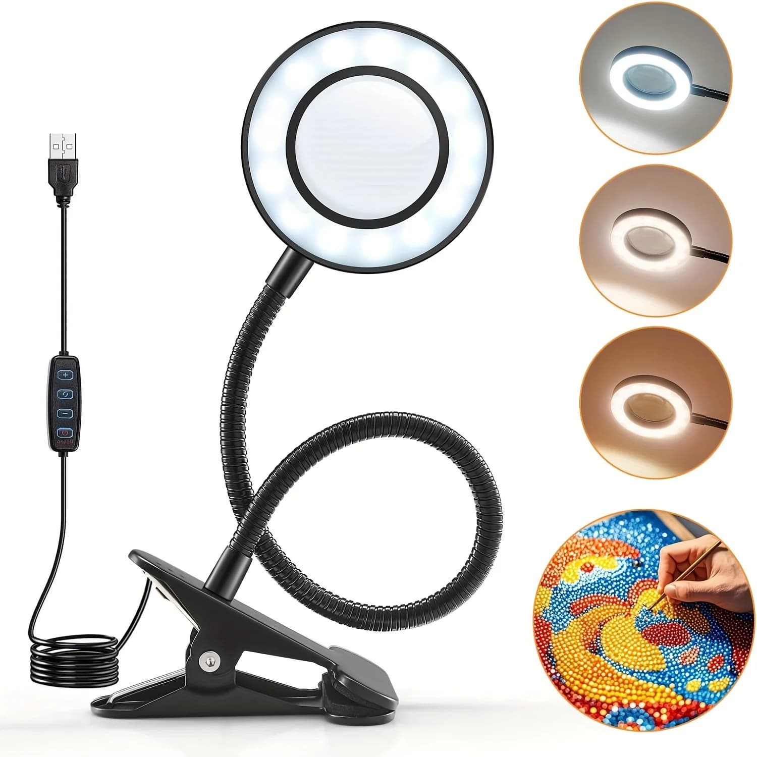 48 LED Bead Magnifying Lamp with Clamp, Adjustable Gooseneck Desk Lamp, 3 Color Temperatures (Cold White/Neutral/Warm Yellow)