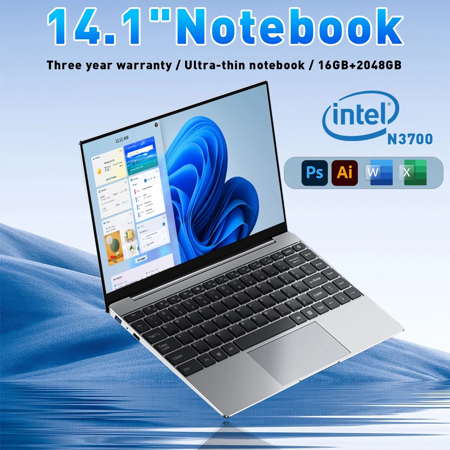 Intel N3700 Notebook Gamer 14.1" Ultra Slim Laptop 16GB RAM 2TB SSD 1920*1080 Display PC Windows 11 Office Study Computer