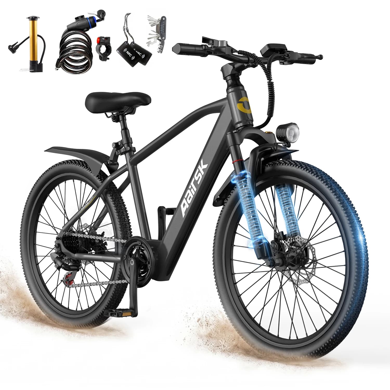 Electric bike Adult Aairsk GT300 26" for urban commuting, range 50 km, 250 W motor, 36V 10Ah battery, speed 25 km/h, 7 speeds, disc brakes E-bike