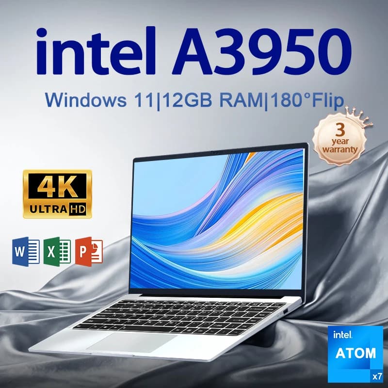 FUCHU New Office Laptop Intel Atom A3950 12GB RAM 2TB SSD Gaming PC 1920*1080 HD Display Study Computer 14.1" PC Windows 11 Pro Ultra Slim