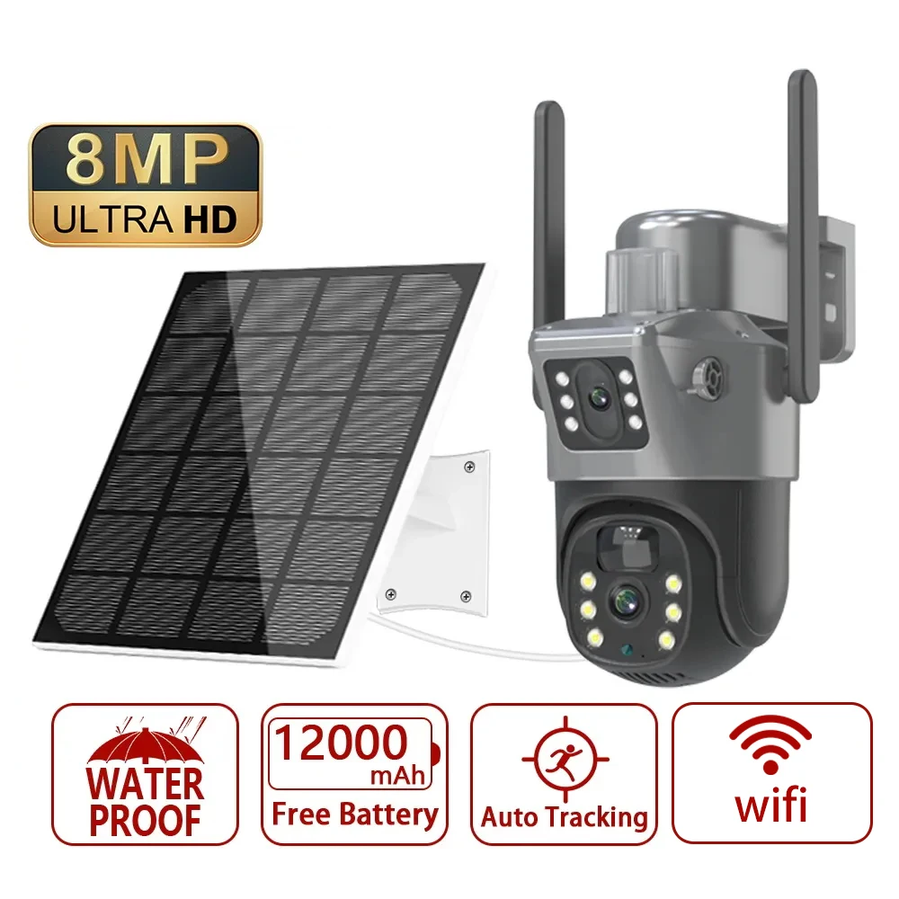 4K 8MP Dual Screen Solar Camera Outdoor Wireless WiFi PTZ Dual Lens Security Protection Auto Tracking CCTV Cameras