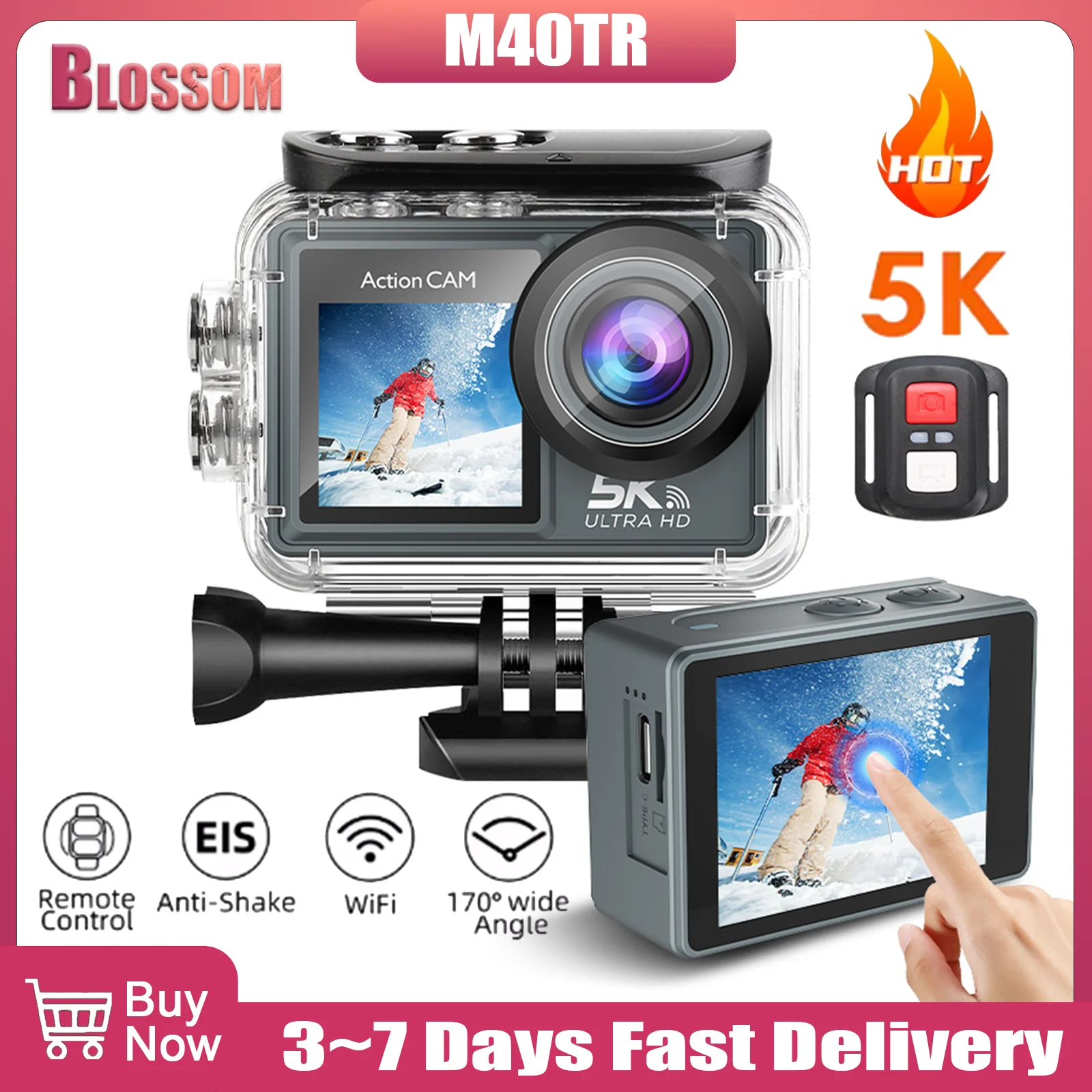 Blossom M40TR 5K Action Camera Pro with EIS Anti-shake WiFi Remote Control 1080P 60FPS 170° Waterproof Sport Camera for Bicycle Motorcycle Helmet Recording