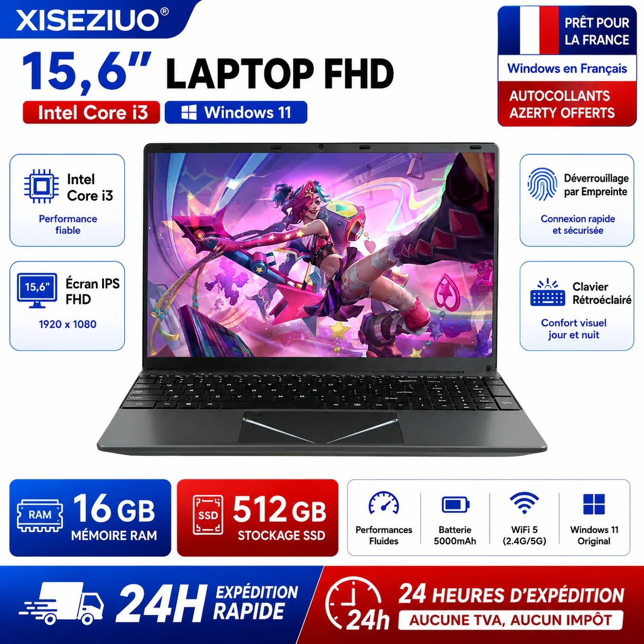 15.6-inch Full HD IPS Laptop with Intel Core i3, Windows 11 Pro, 16 GB RAM, 512 GB SSD, Wi‑Fi 5, Bluetooth 5.0, French keyboard, keyboard protective film, fingerprint reader, lightweight laptop for students, work, and desk use, 1920x1080 display