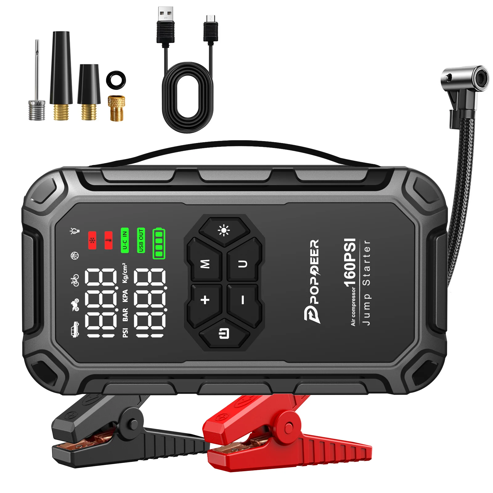 POPDEER PD-JA66 6000A Jump Starter with Air Compressor 160PSI, for All Gas & 8L Diesel Engines, LCD Display, USB Port, LED Light