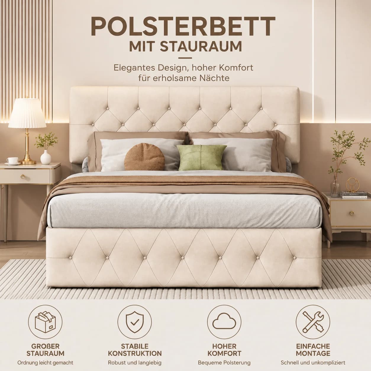 Cushion bed 140x200 cm, double bed with hydraulic lifting function and adjustable headboard, bed frame with storage space, upholstered bed storage bed functional bed, without mattress