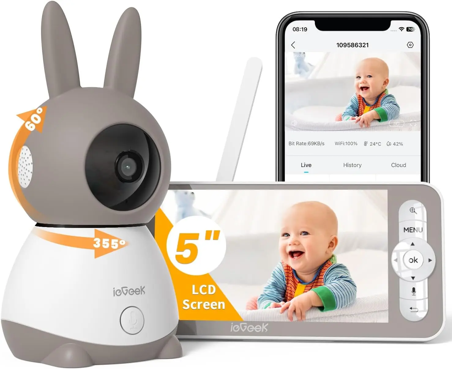 ieGeek 2K 2.4Ghz WiFi Baby Monitor with 5" Split Screen, 360° PTZ Camera | Night Vision, App & Screen Control, 3000mAh Battery
