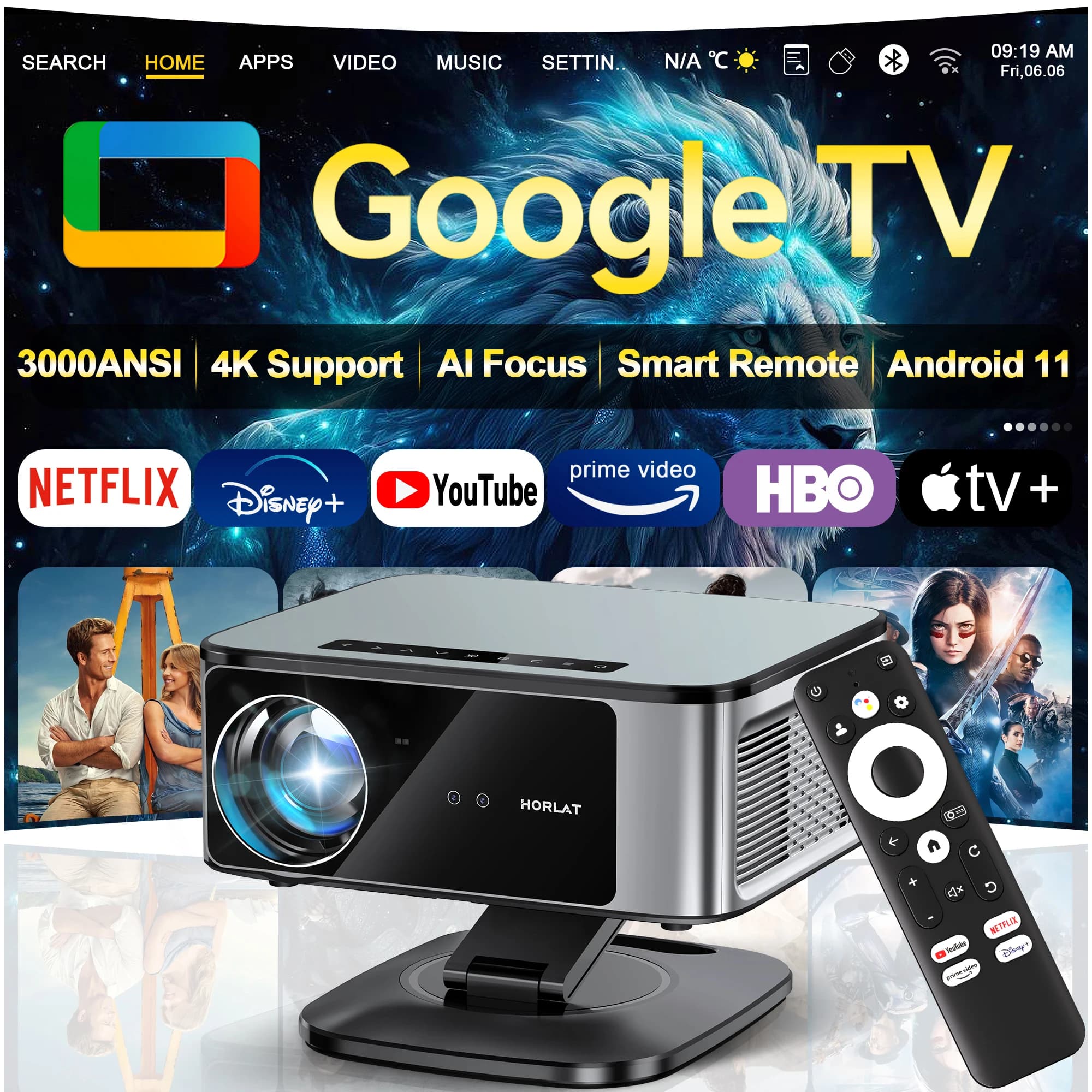HORLAT Hotsale 45000 Lumens 4K UHD Android Projector Laser TOF Focus WiFi 6 1080P Full HD Daylight Home Theater Movie Projector