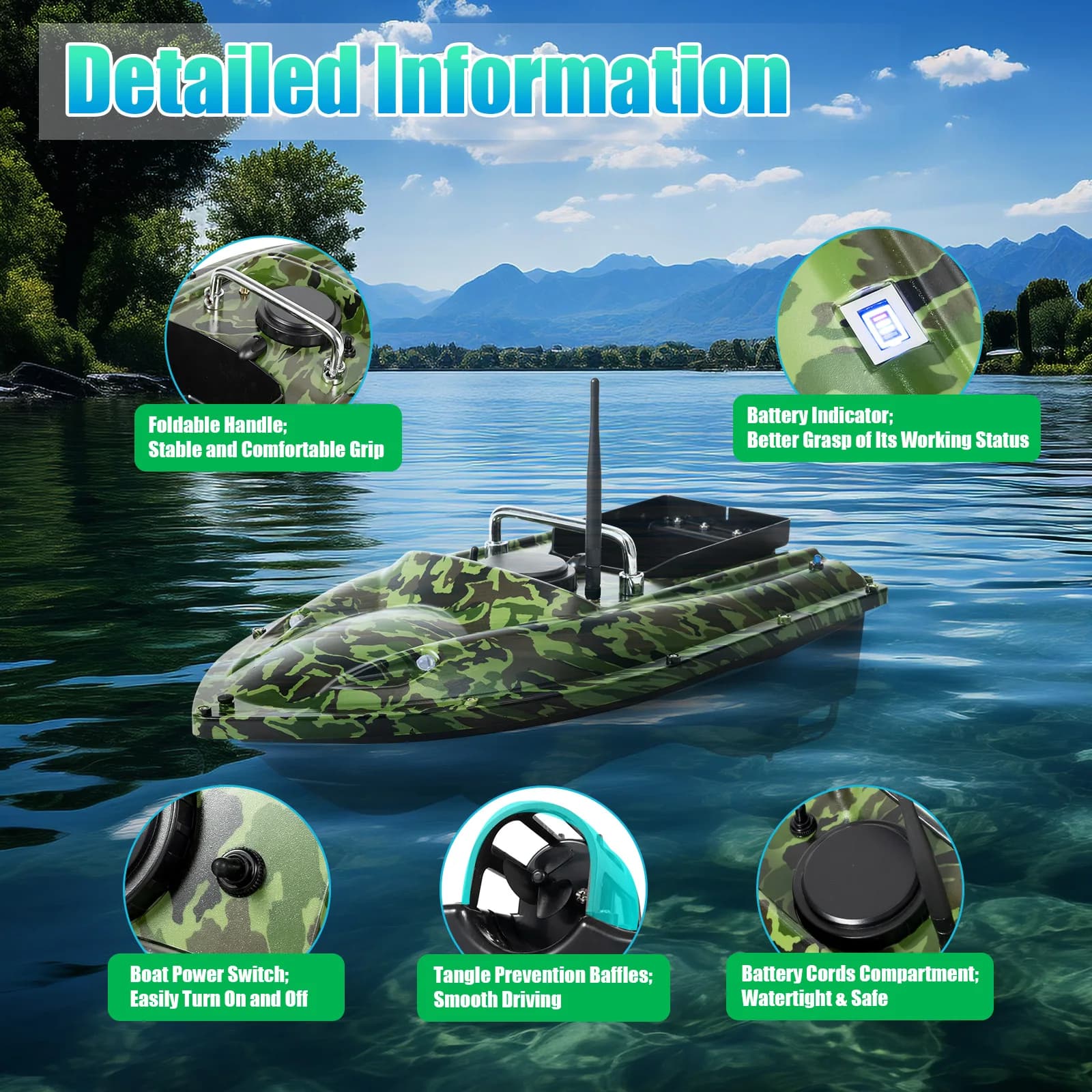 500m 5200mAh Remote Control Fishing Bait Boat with Cruise Control LED Light  Large Bait Capacity Waterproof Windproof RC