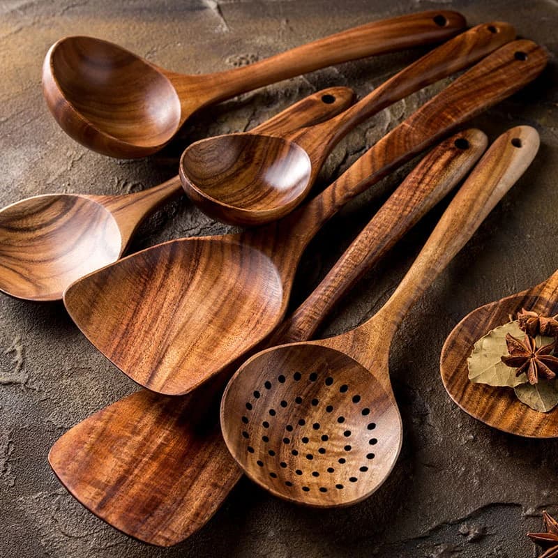 Teak Natural Wood Tableware Spoon Ladle Turner Long Rice Colander Soup Skimmer Cooking Spoons Scoop Kitchen Tool Set