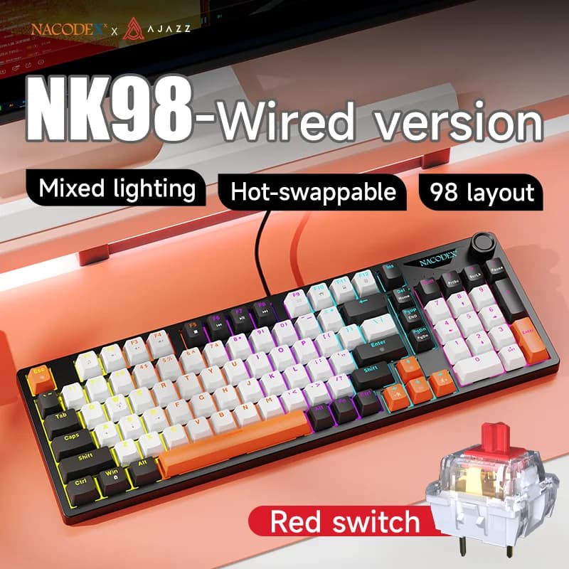 AJAZZ NK98 wired gaming keyboard with 98 key layout, all supports hot swappable mechanical keyboard