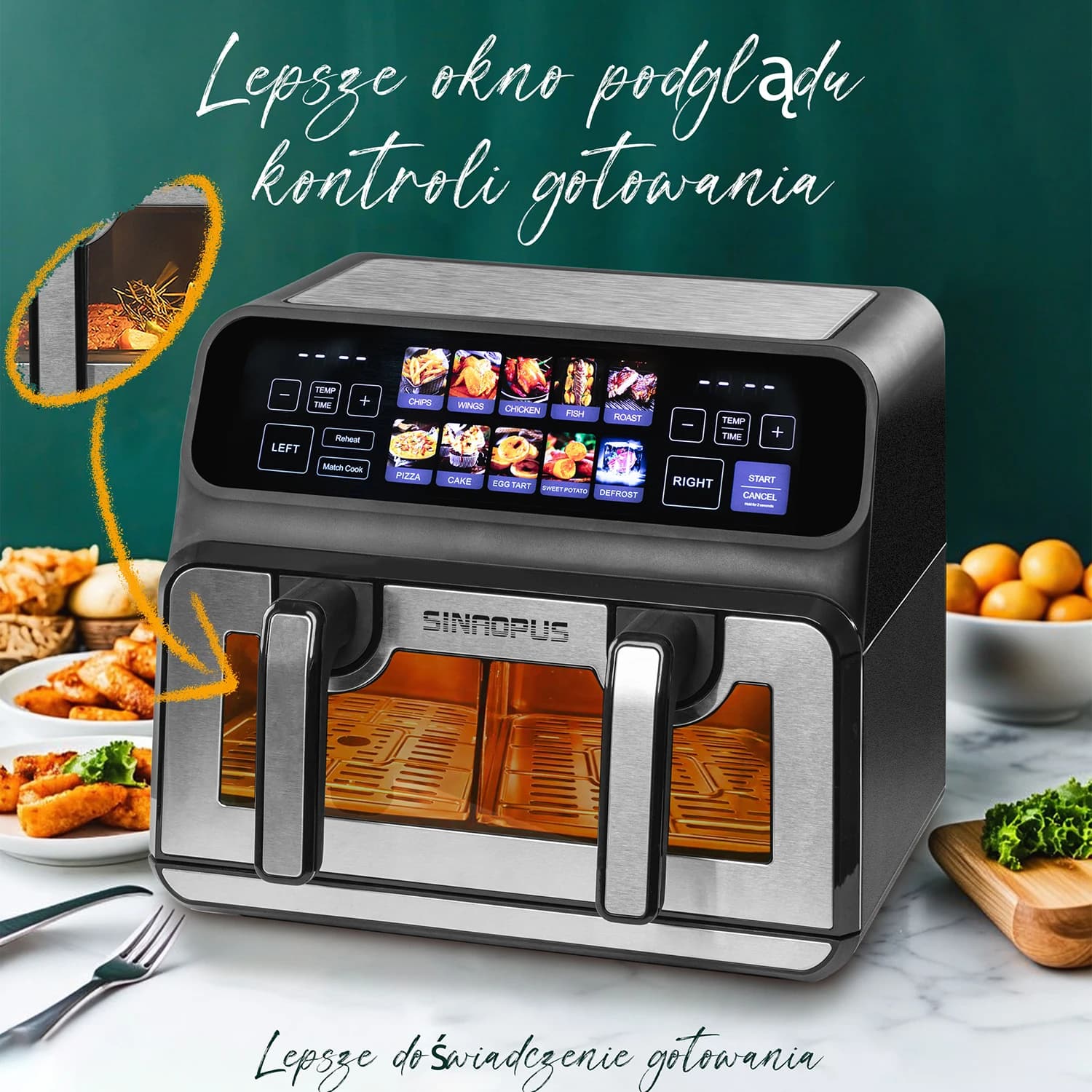 Sinaopus Air Fryer 9L XXL 2200W Double Chamber, Fat Free Fryer Touch LED Panel, Automatic Programmes, Temperature Control, Timer