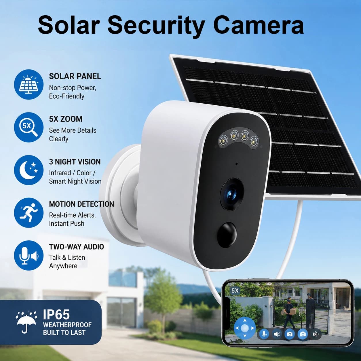 Jooan 5MP HD WiFi Solar Camera Outdoor Security Camera PIR Motion Two Way Audio Night Vision Home Surveillance Protection
