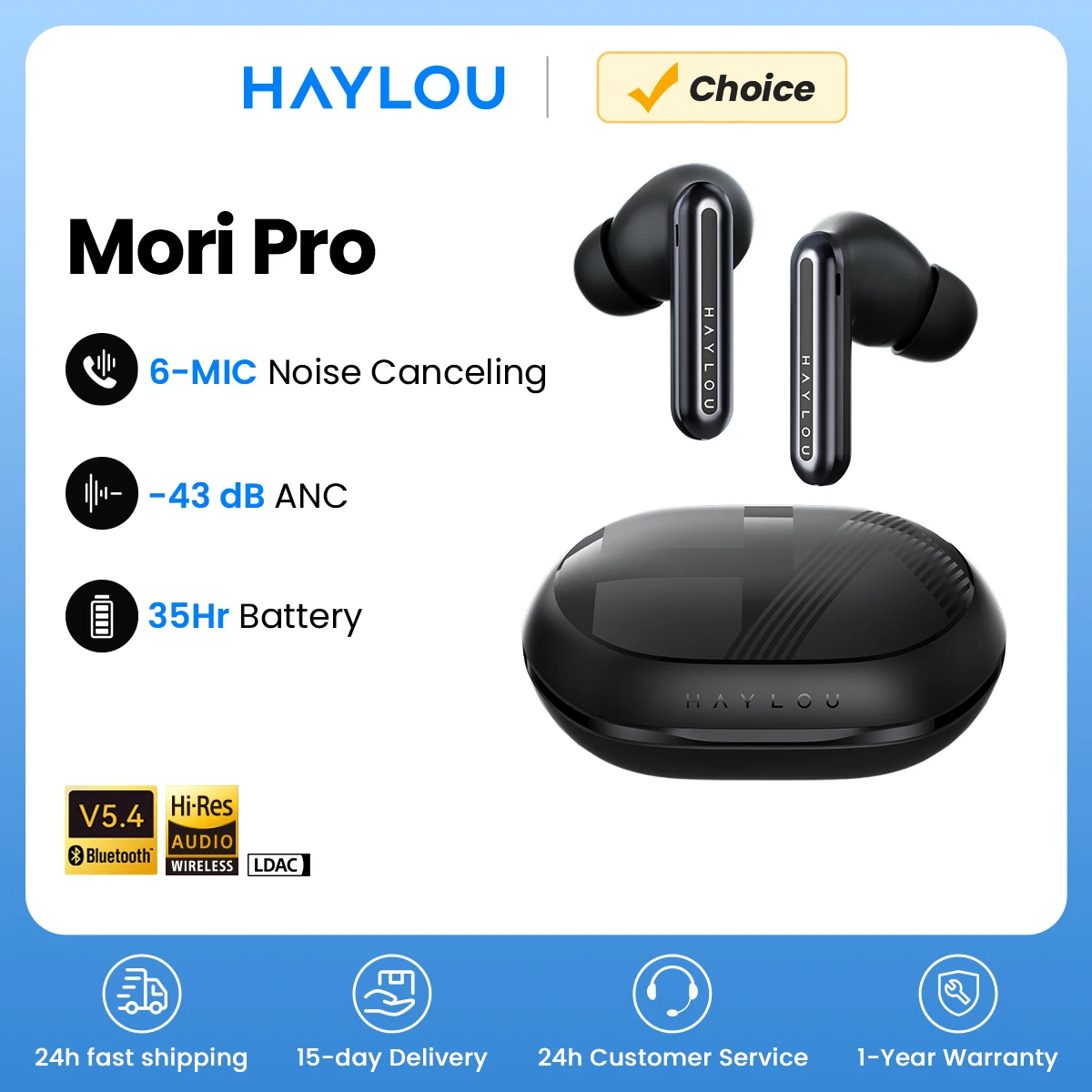 HAYLOU Mori Pro Bluetooth 5.4 Earphones Wireless  43dB Adaptive Hybrid ANC Hi-Res LDAC Earbuds 6 Mic Headphones 28H Battery Life