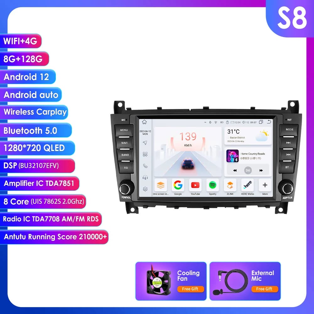 Android 12 Car radio Gps Stereo for Mercedes Benz W203 C180 C320 C55/W209 CLK200 CLK220 Multimedia Video Player 4G WIFI Carplay