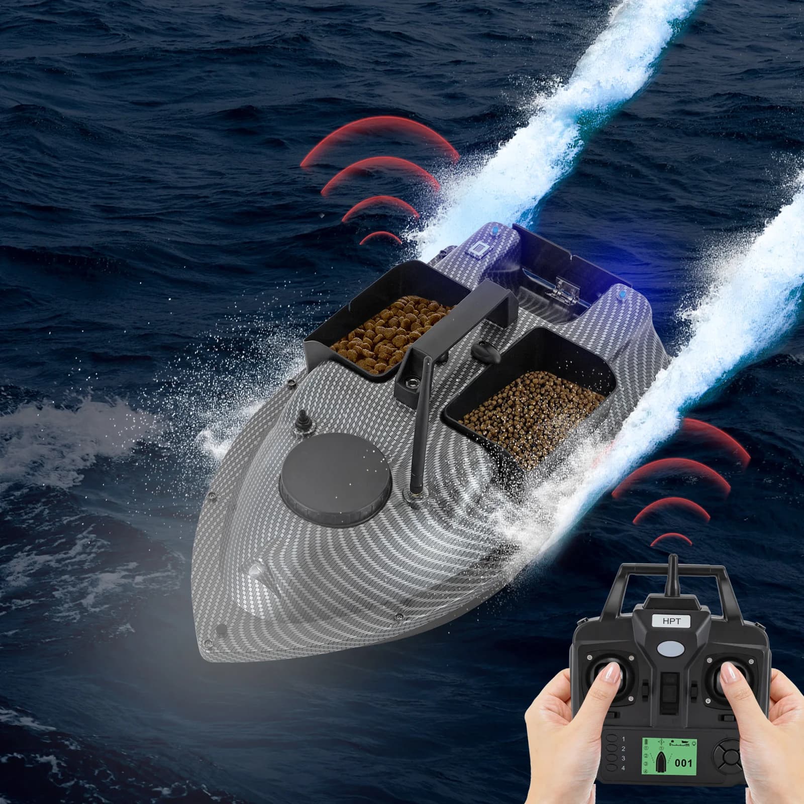 GPS Fishing Bait Boat Rechargeable Bait Boat Fish Finder with 500m Control Automatic Cruise 16 Positioning Points 2kg Load Bait