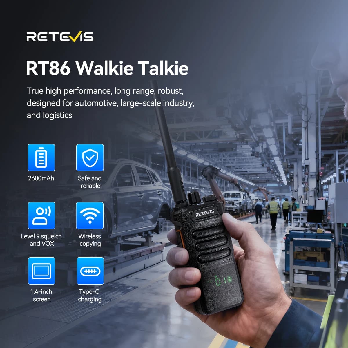 Retevis RT86 Walkie Talkie Professional Two Way Radio Long Range Type-C Communication Radio for Outdoor Business Farm