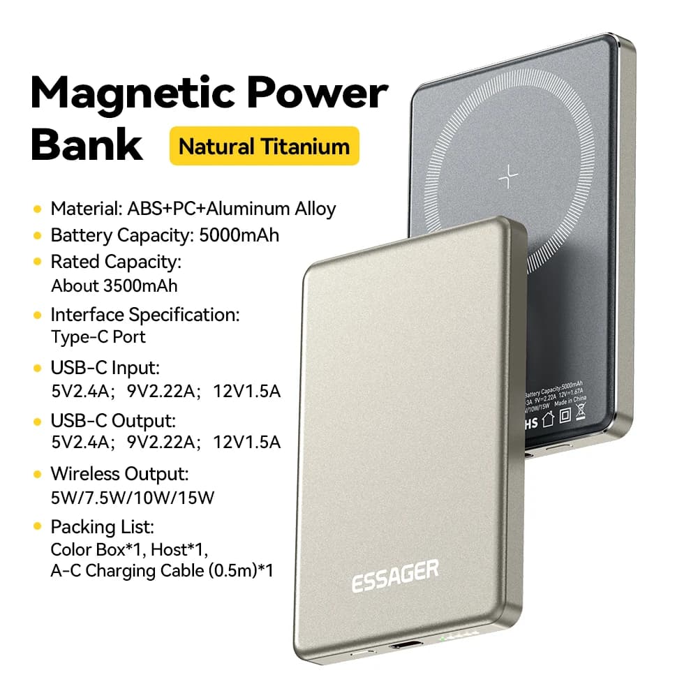 Essager Thin Wireless Power Bank 5000mAh 20W Fast Charging Portable External Battery Magnetic Magsafe Compatible for iPhone 1716