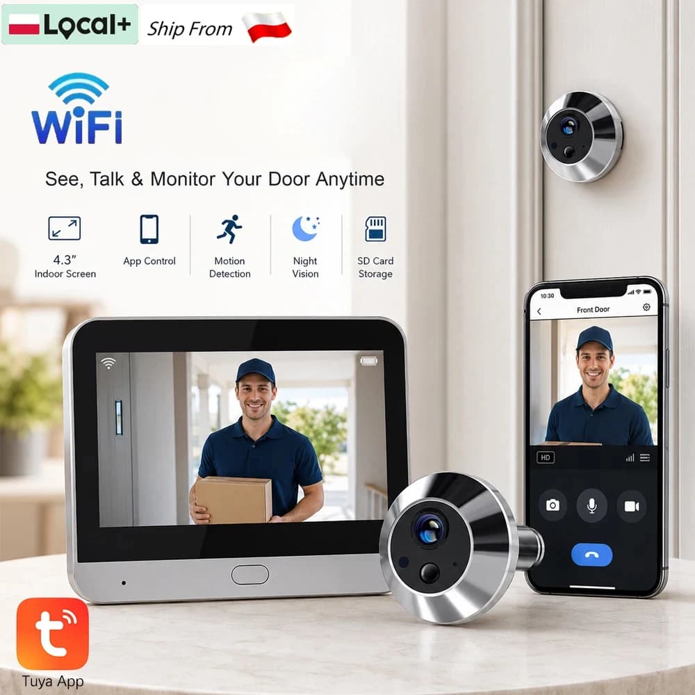 5MP Smart Video Peephole Door Camera with Indoor Monitor, 2.4GHz WiFi, 5000mAh Rechargeable Battery, Tuya Smart Life App, Night Vision, Automatic Motion Detection, Two-Way Audio, Remote Live View, Multi-User Sharing for Apartment Front Door Security