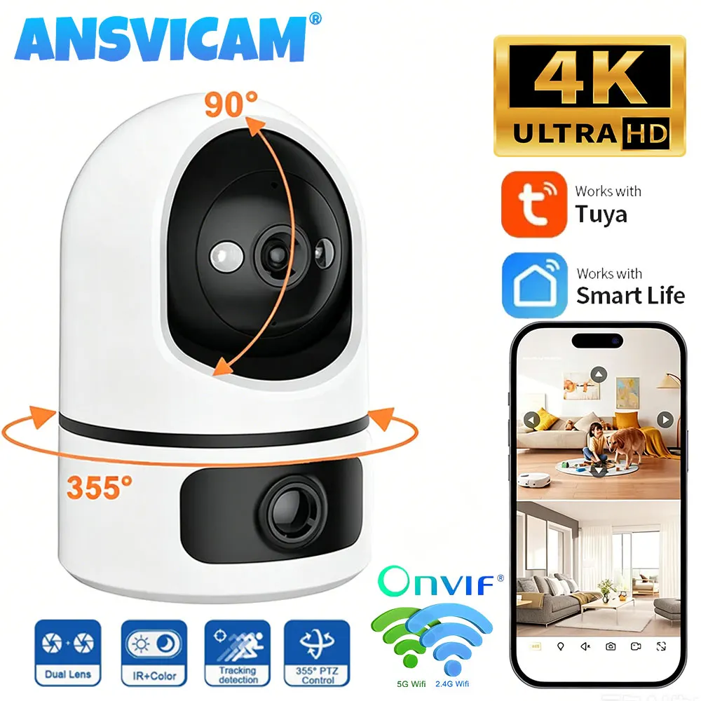 ANSVICAM Tuya 4K 8MP 5G WiFi IP Camera Indoor Dual Lens Smart Home Baby Monitor Camera Auto Tracking ONVIF Security Surveillance