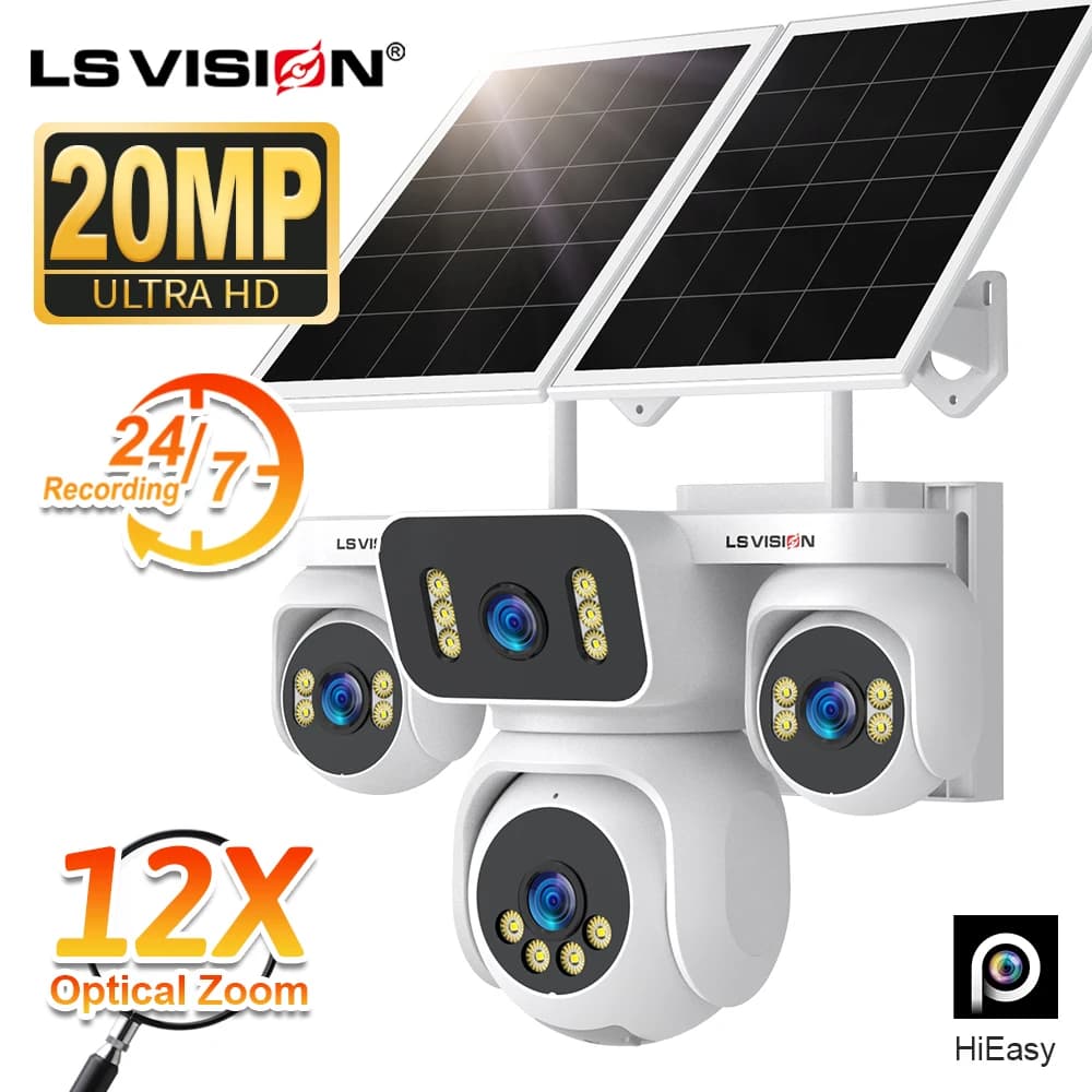LS VISION 12X Optical Zoom 24/7 Recording 4G AOV Solar Powered Camera Outdoor 20MP Four Lens Four Screen 30M Detection Distance Human Auto Tracking IP66 Waterproof Surveillance Cameras with 20W Dual Solar Panel