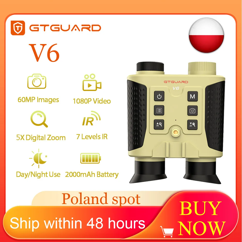 Day & Night Dual Use Night Vision Binocular GTGUARD V6 300m Long Distance 1080P FHD Video 8X Zoom 512GB TF Card Support ABS Body Outdoor Hunting Camping Telescope