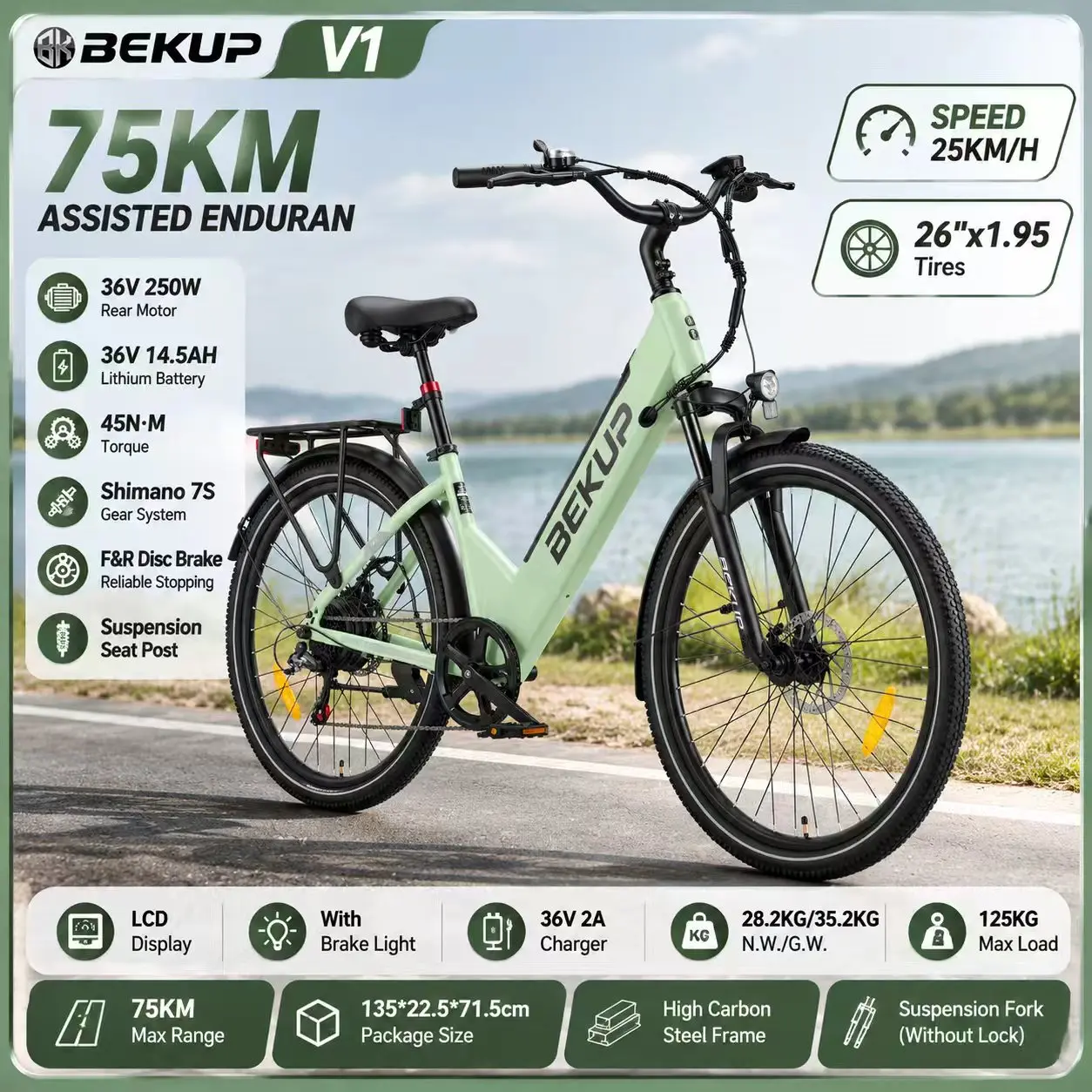 BEKUP V1 26" City Electric Bike, 36V 14.5Ah 522Wh Detachable Lithium Battery, 250W 45Nm Motor, 75KM Long Range, 7-Speed Gear, Front Suspension, Dual Disc Brake, Adult Urban Riding E-Bike