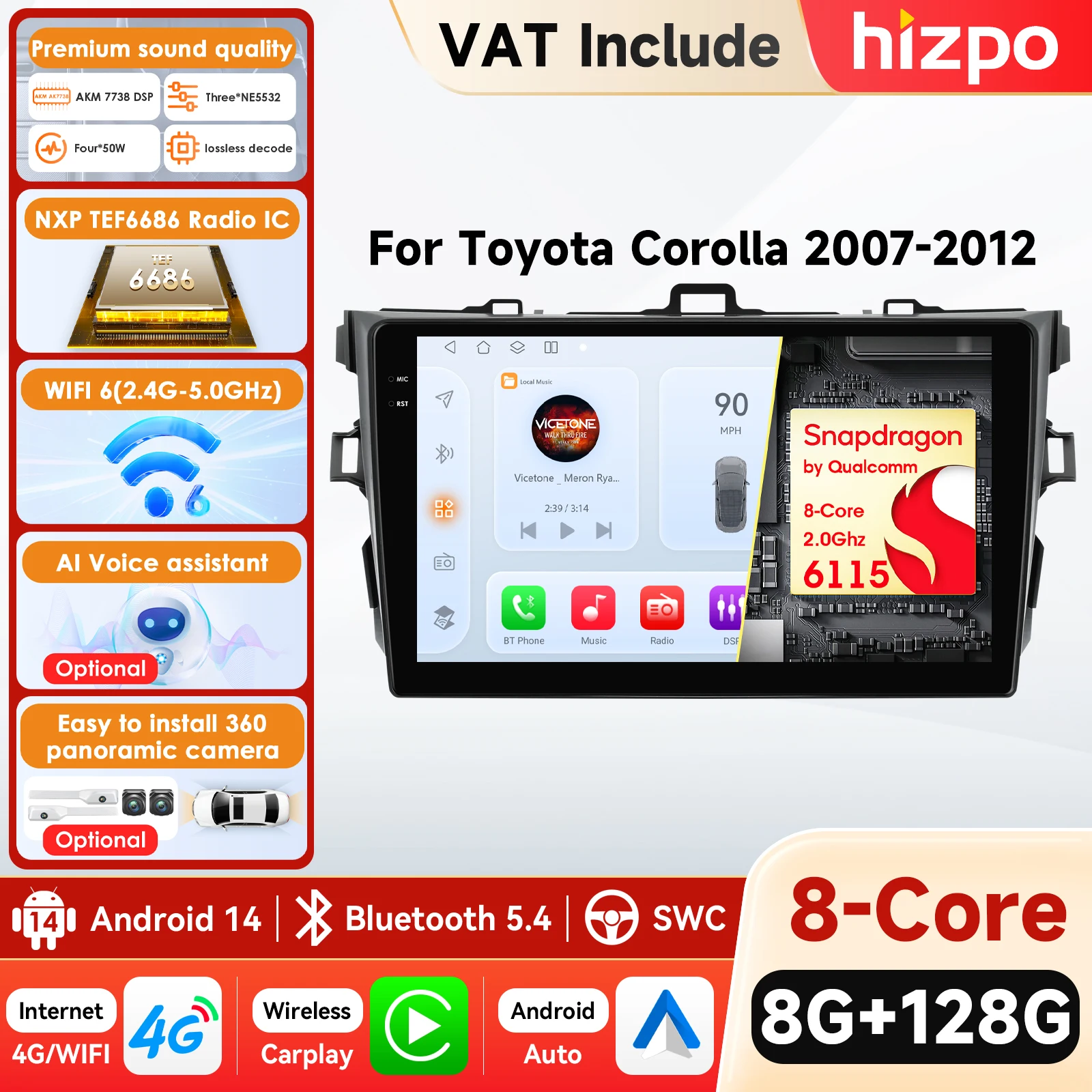 Hizpo 2Din Android 14 Car Radio Multimedia Player For Toyota Corolla E140/150 2007 - 2011 Navigation GPS 4G Auto Carplay  360CAM 9 inch AI Intelligent System Snapdragon with Qualcomm chip AI Voice DSP Split Screen USB 5G WIFI GPS Navigation Reverse Camera