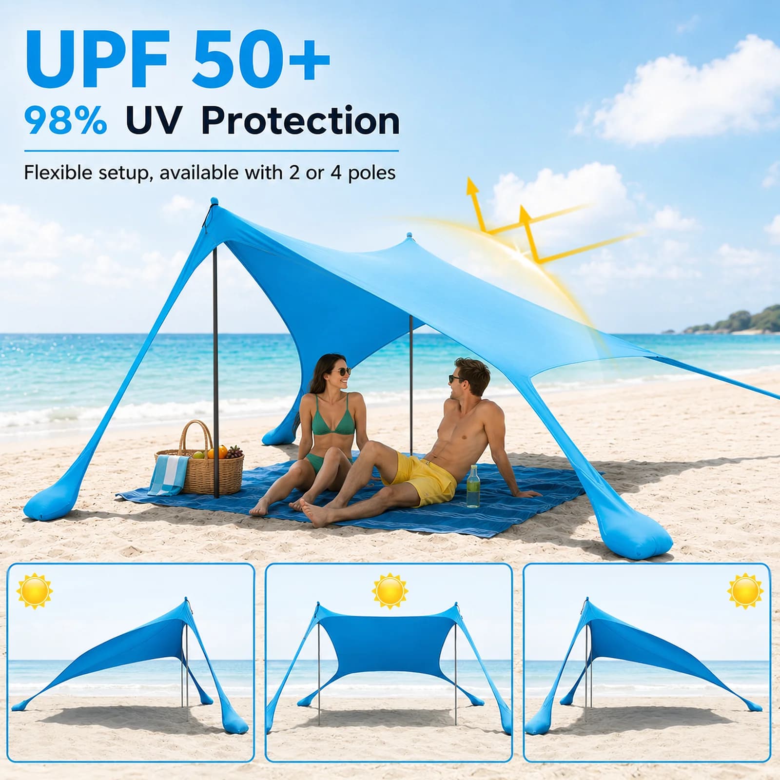 Beach Tent - Beach Awning with UPF 50+, Easy to Assemble, with 8 Sand Bags, 10 x 10 ft Sun Protection, Beach Tent for Beach, Camping, Fishing, Picnic