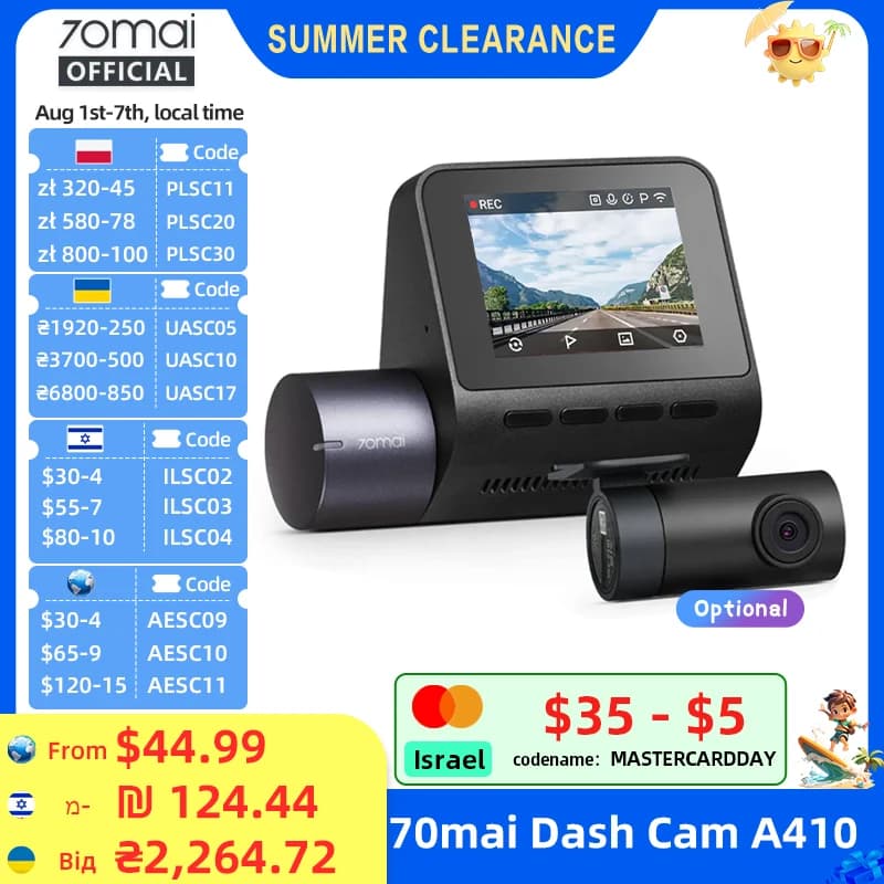 70mai Dash Cam A410 Front 1440P Rear 1080P Car DVR Upgraded Ver. of 70mai A400 Car Recorder 24H Parking Mode Support Max 256GB