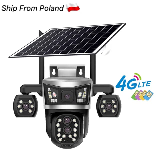 V380 4G SIM Solar Camera 16MP 4-Lens 4-Screen 360° PTZ Outdoor Wireless CCTV Night Vision Home Security Video Surveillance