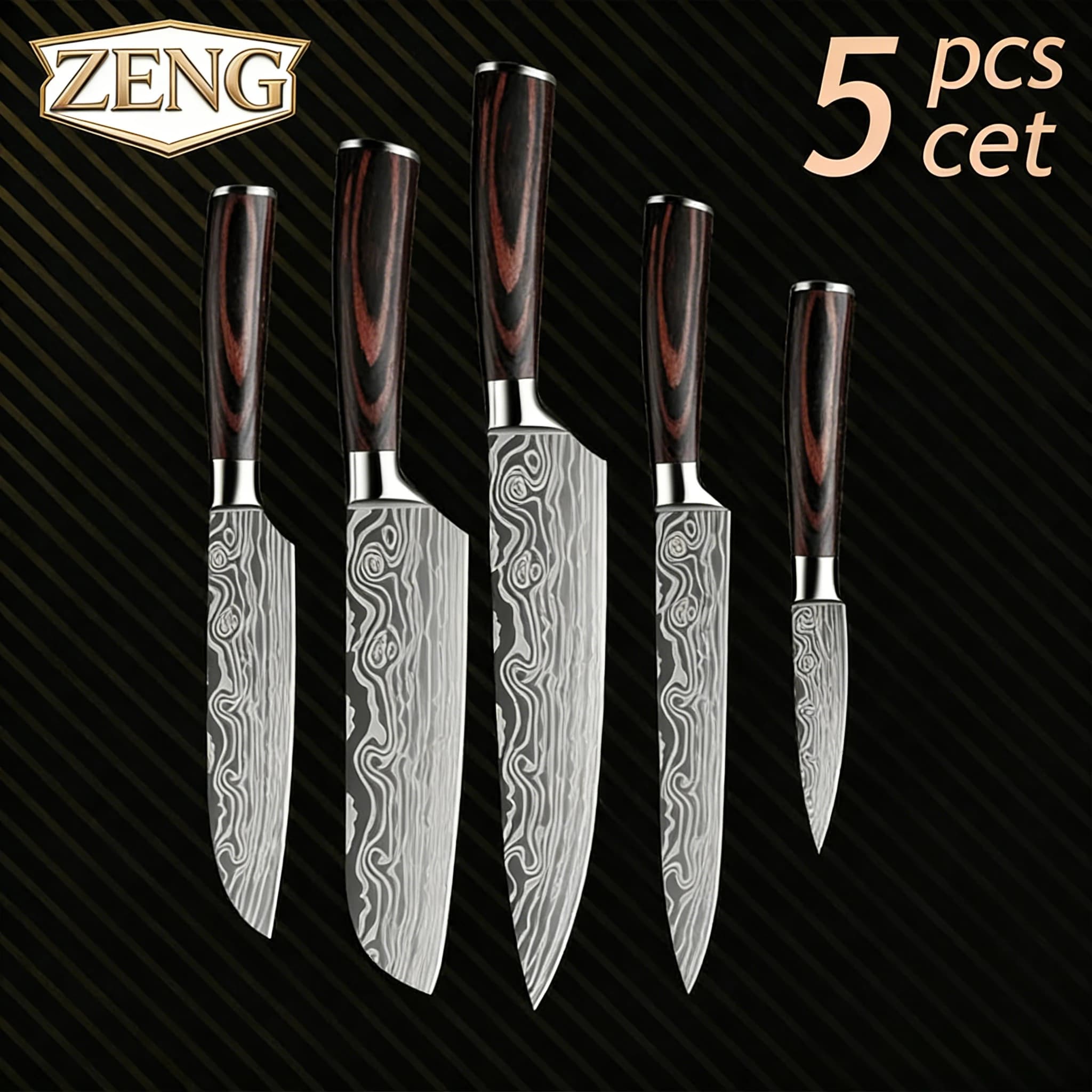 5Pcs Kitchen Chef Knife Set Imitation Damascus Pattern Stainless Steel Knives Pakka Wood Handle Professional Cooking Knives for Home Kitchen