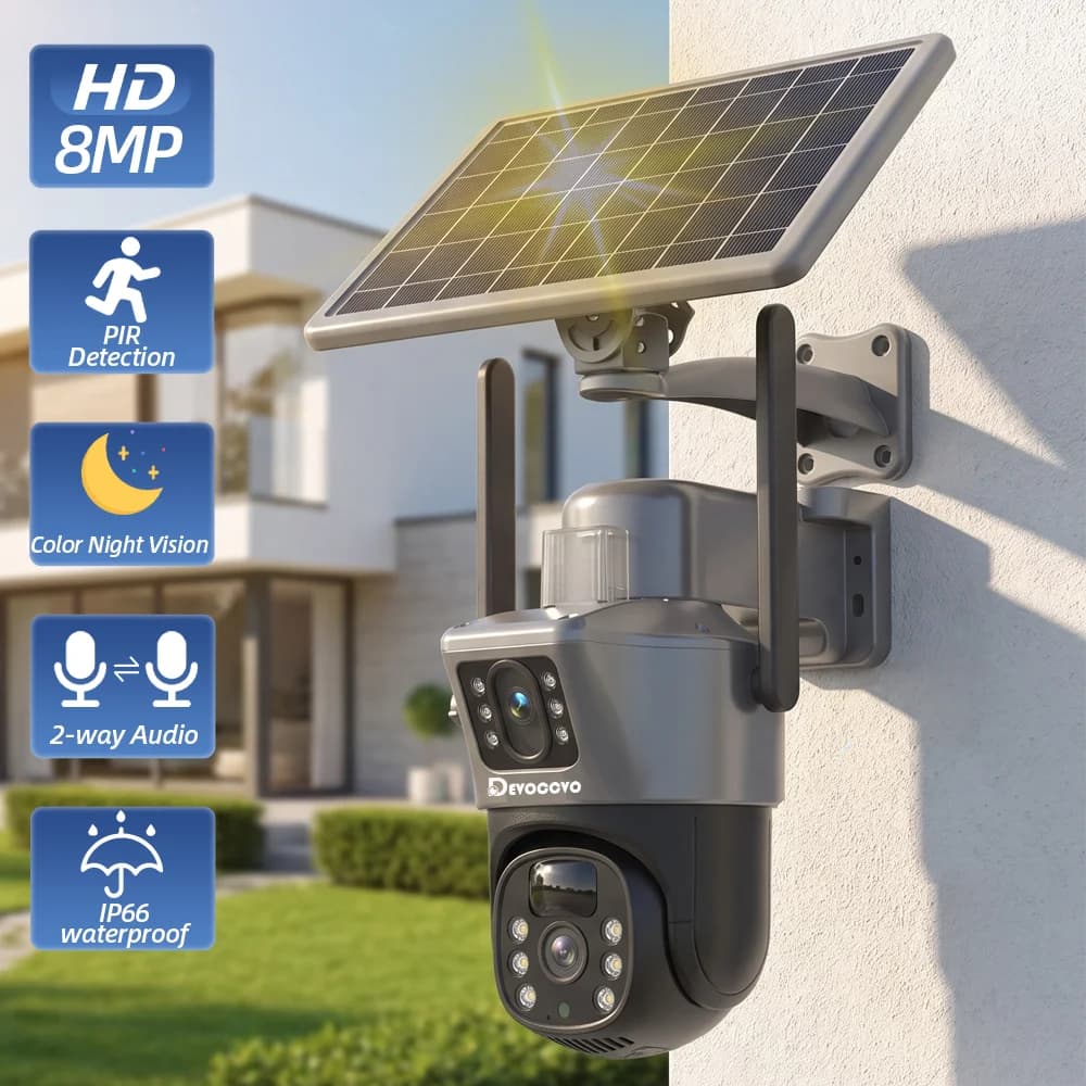 4K 8MP Wireless Dual Video Dual Lens WIFI Video Surveillance Waterproof Solar Powered HD IP PTZ Outdoor 2.4GWiFi CCTV Security Camera Color Night Vision