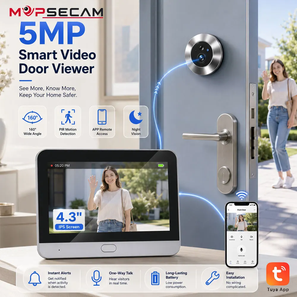 5MP Tuya Smart Video Door Viewer Peephole Doorbell Camera 4.3 Inch IPS Screen PIR Detection Night Vision Remote Access Battery Powered Wireless Home Security Camera for Apartment Villa Front Door Visitor Monitoring Two Way Audio Smart Door Viewer System