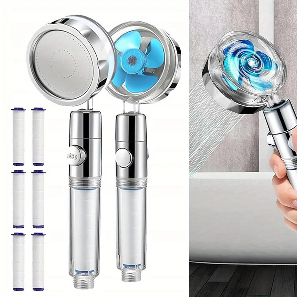High Pressure Water Saving Handheld Propeller Shower Head with 6 PCS Filters, 360° Rotating Hydro Jet, for Bathroom