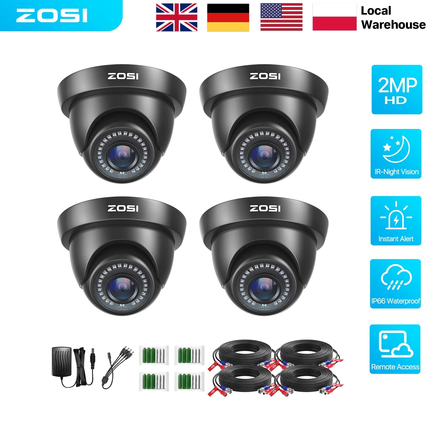 ZOSI 2/4 Pack 1080P HD TVI Security Cameras Indoor Outdoor with 80ft IR Night Vision Motion Detection 2MP CCTV Surveillance Dome Cameras