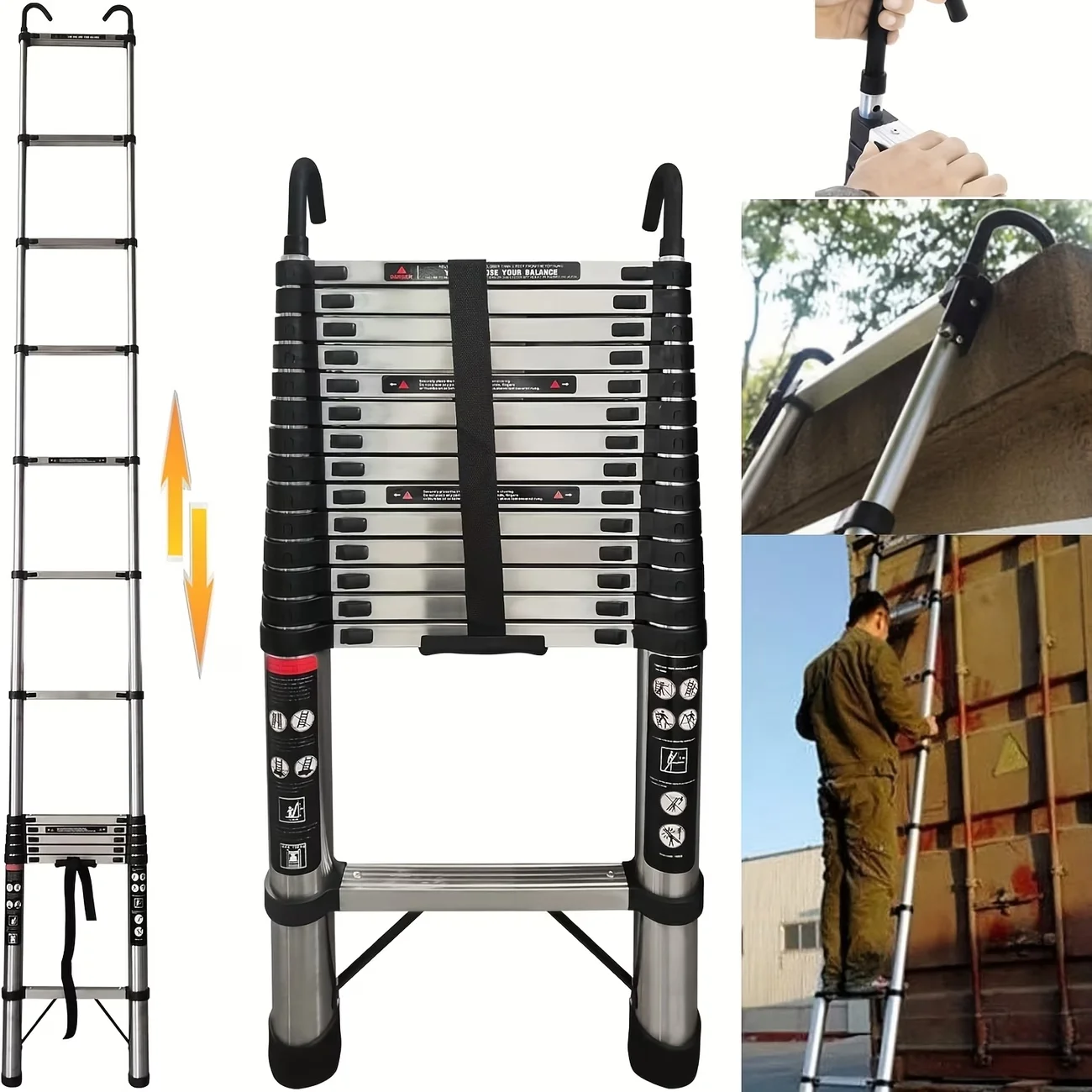 Telescopic Ladder 2.6M-6.3M Extension Ladder Stainless Steel Portable EN131 Standard  With Detachable Hooks 150kg Load Capacity