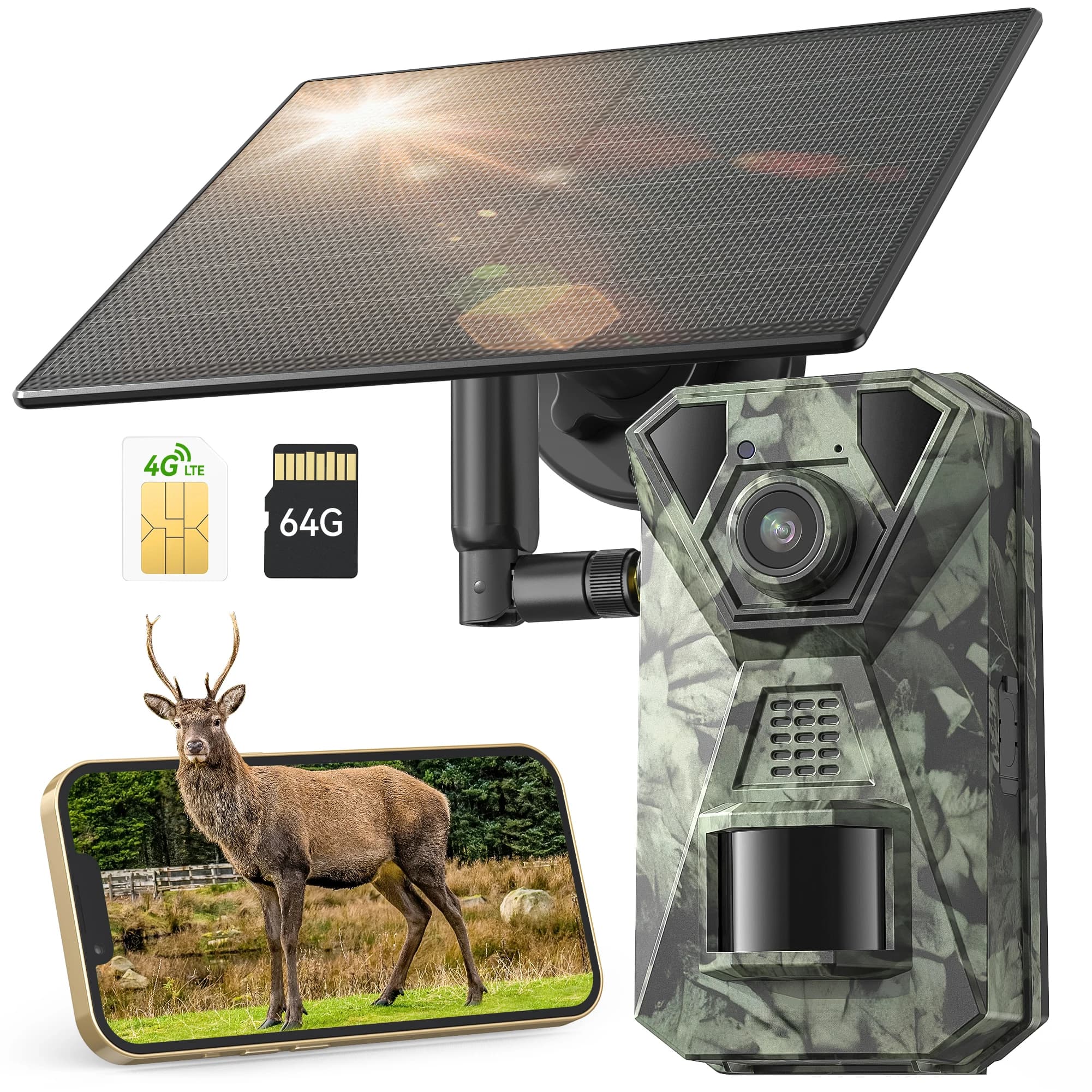 4G LTE Wildlife Camera with App, 2.7K Solar Hunting Trail Camera with SIM Card, Photo Trap Cam, PIR Motion Sensor, Night Vision
