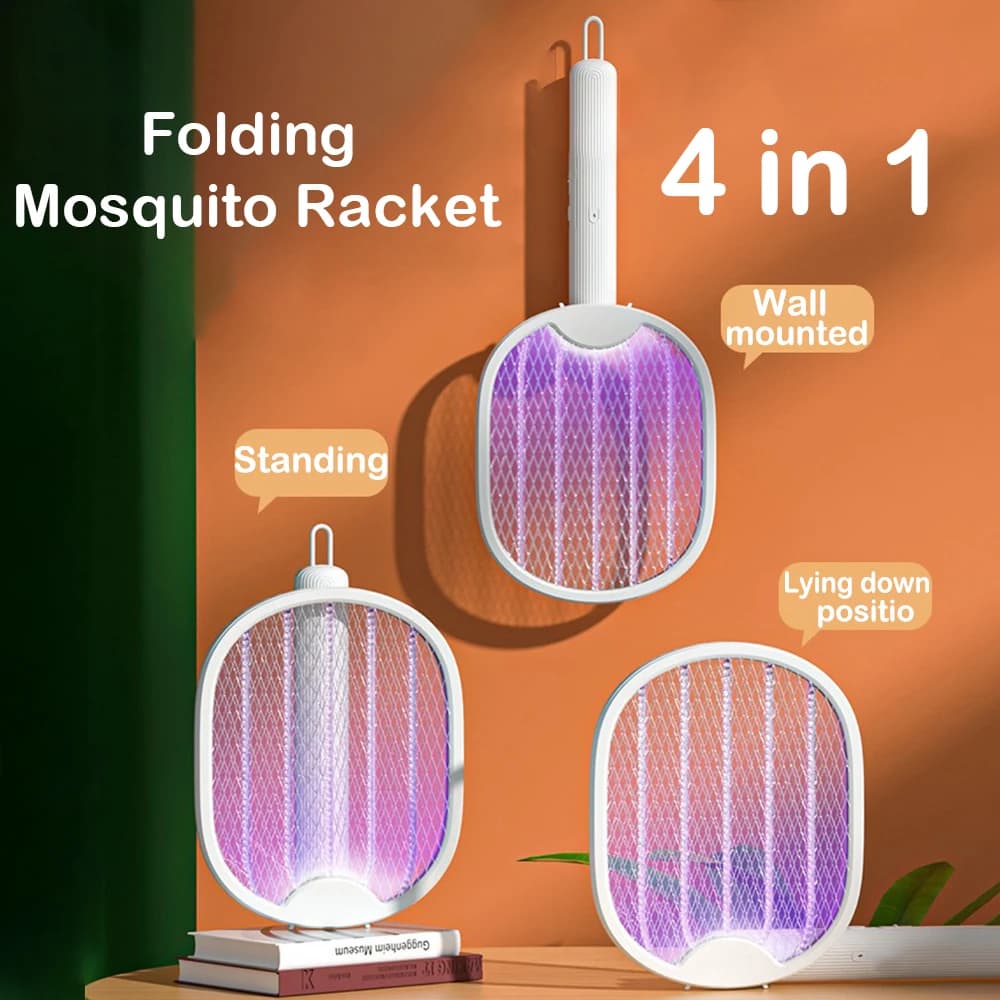 Upgraded 4 In 1 Electric Foldable Handheld Mosquito Killer  Bug Zapper Type-C Rechargeable Fly Swatter With UV Light Trap Insect