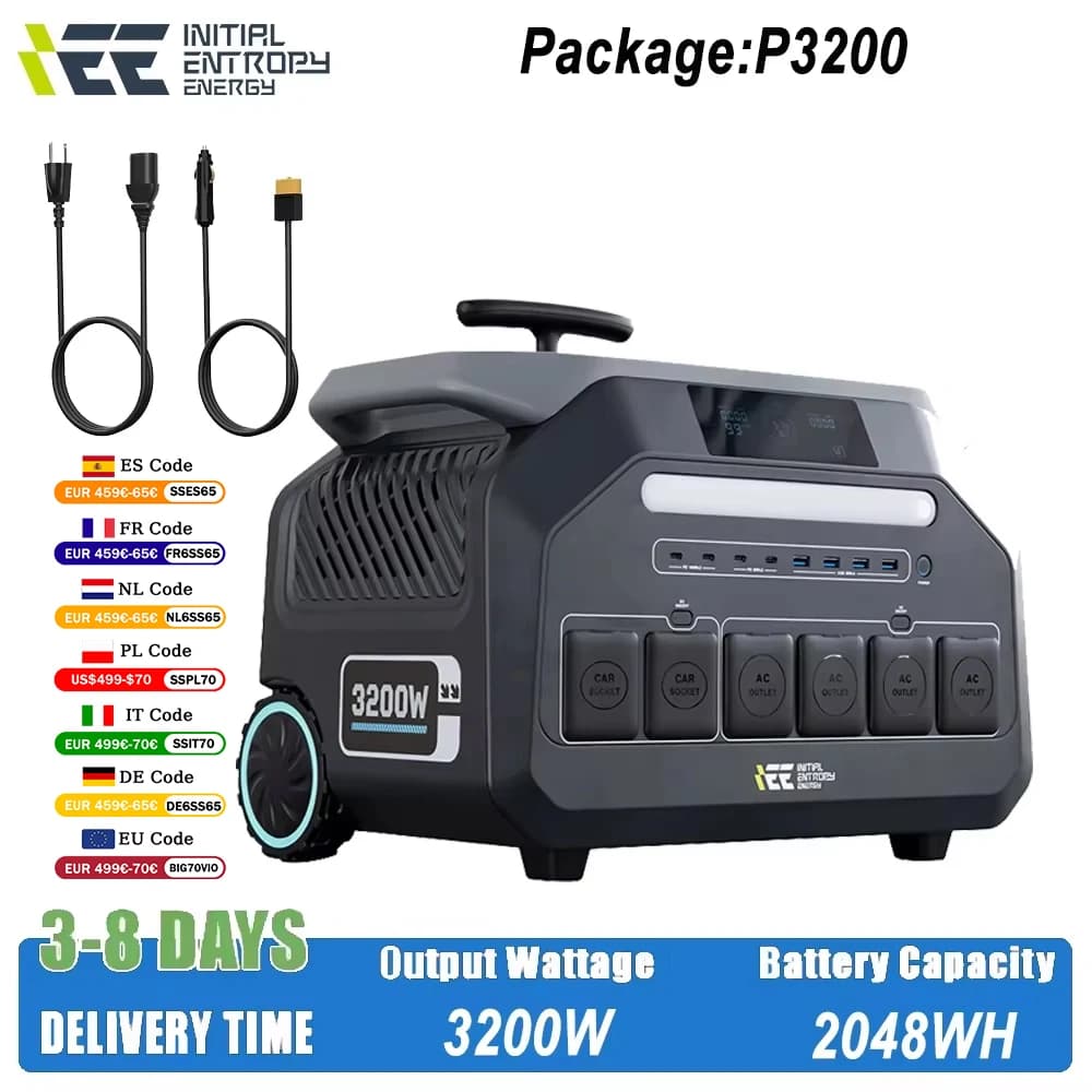 IEE P3200 3200W portable power station (maximum output 6400W) with a 2048Wh LiFePO4 battery, 220V AC output, and a cart for RVs and campers