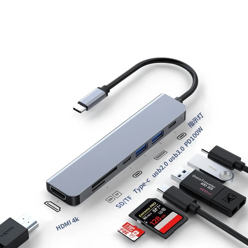 Generic Aluminum Type-C 7-in-1 USB-C Hub with HDMI 4K USB3.0 PD100W Card Reader Docking Station