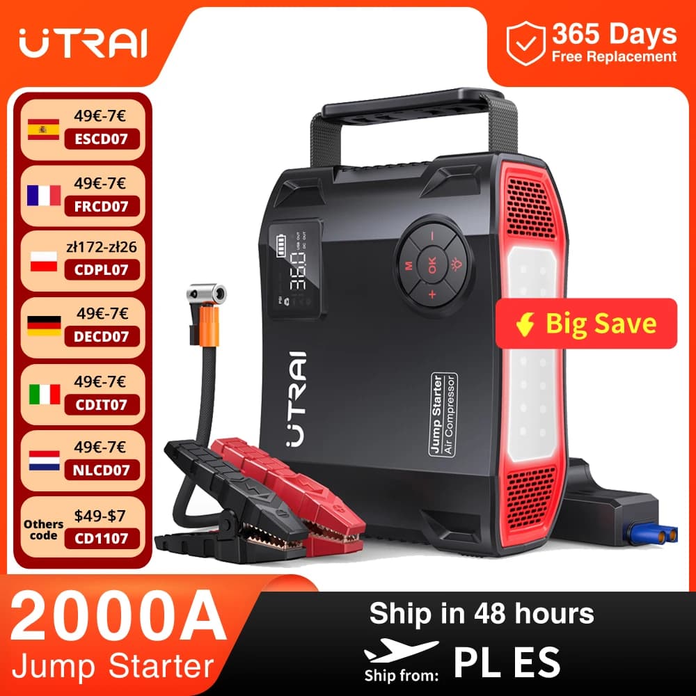 UTRAI 4 In 1 2000A Jump Starter Power Bank 16000mAh 150PSI Air Compressor Tire Pump Portable Charger Car Booster Starting Device