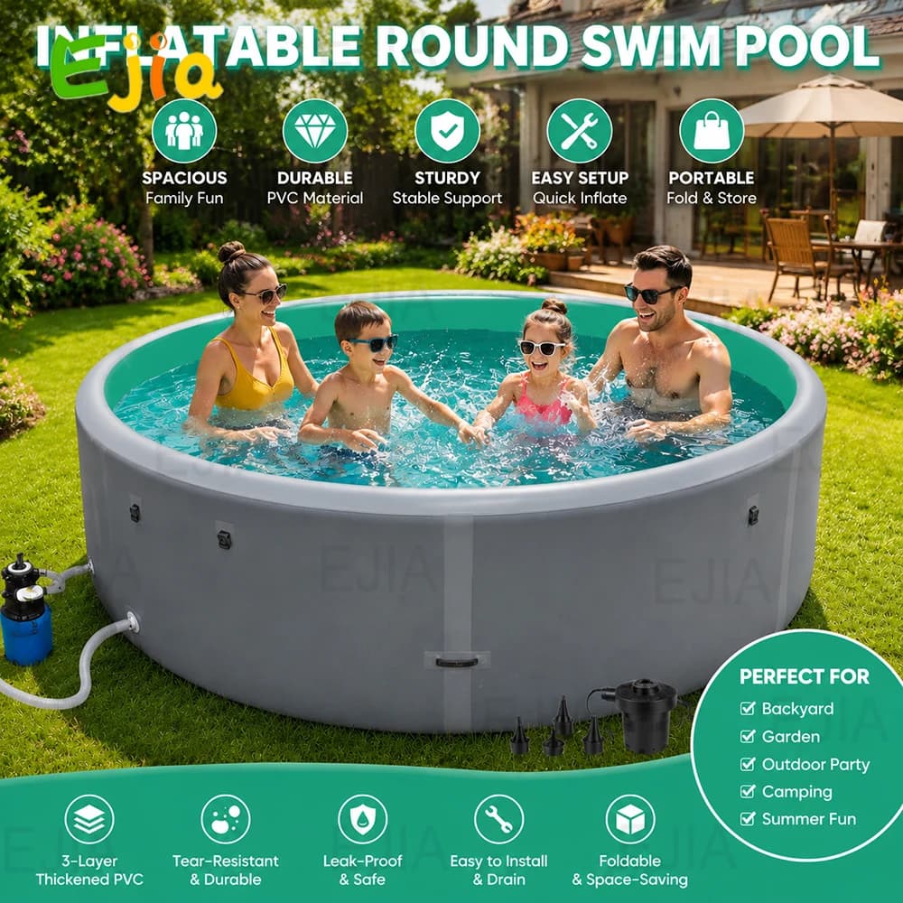 10FT Rigid Inflatable Swimming Pool for Adults, Drop Stitch Hard Wall Above Ground Round Pool, Heavy Duty PVC Backyard Swimming Pool for Family Summer Fun