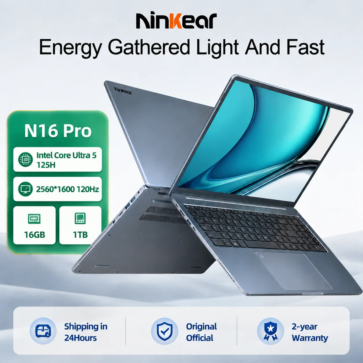 Ninkear Laptop 16 Inch 2.5K 120Hz Display, Intel Core Ultra 5 125H AI Laptop, 16GB DDR4 RAM 1TB SSD, WiFi 6 Bluetooth 5.2, Backlit Keyboard Fingerprint, Professional Laptop for Work Creation