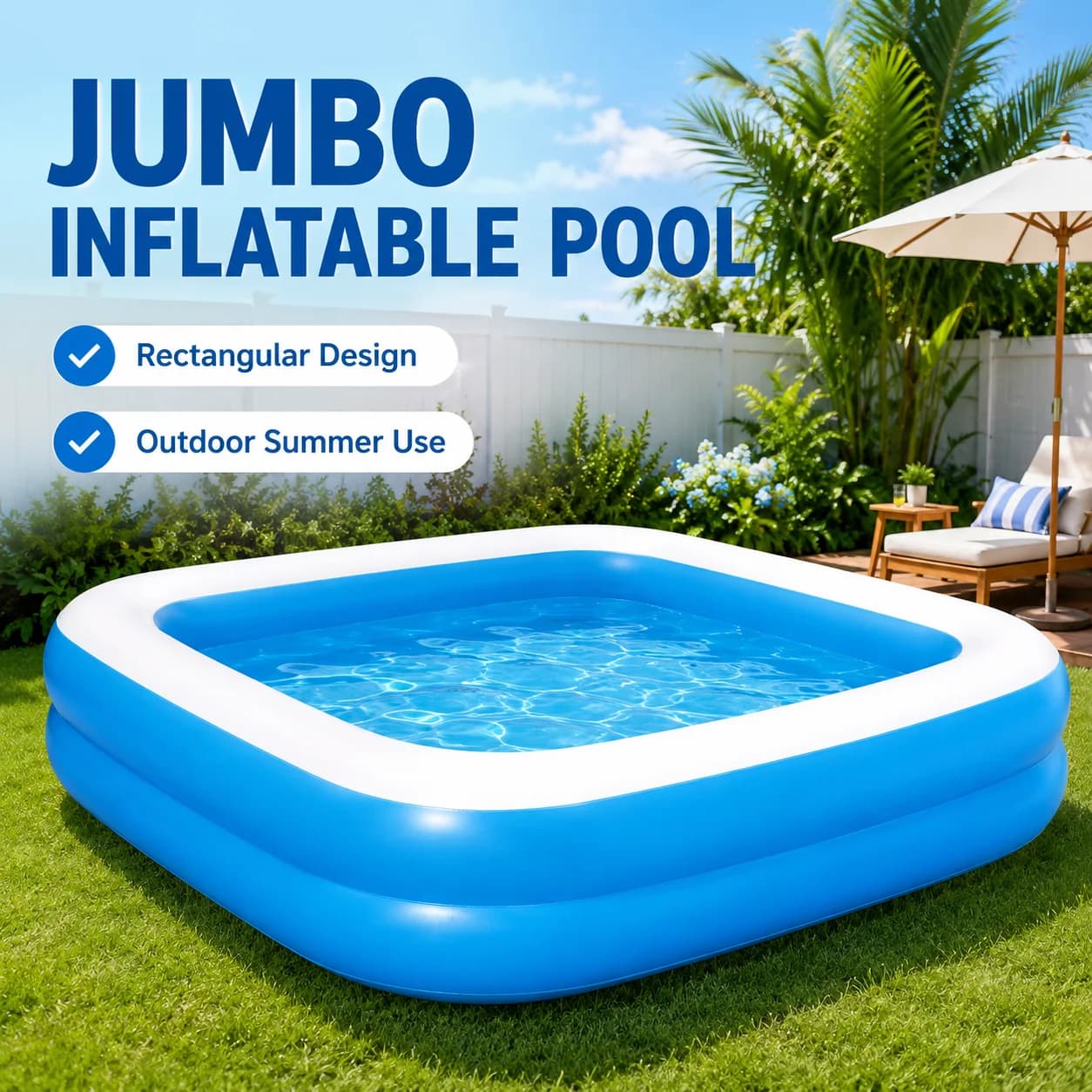 Bestway Jumbo Inflatable Swimming Pool 270x175x51cm 982L Rectangular Outdoor Pool with 2 Air Chambers and Drain Valve