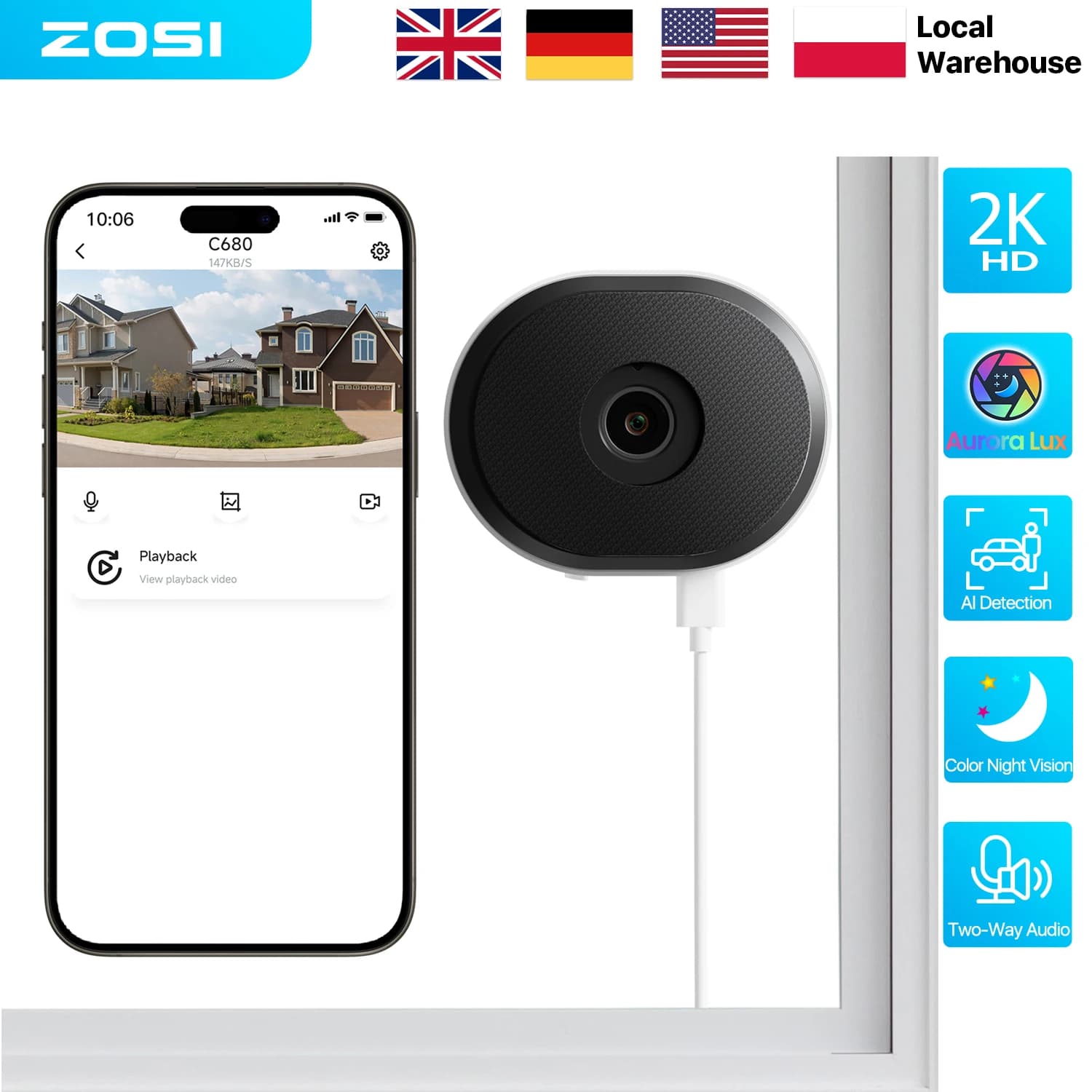 ZOSI C680 2K Window Security Camera Full Color Night Vision Easy Install 3MP Indoor Plug-in WiFi Home Office Surveillance Camera